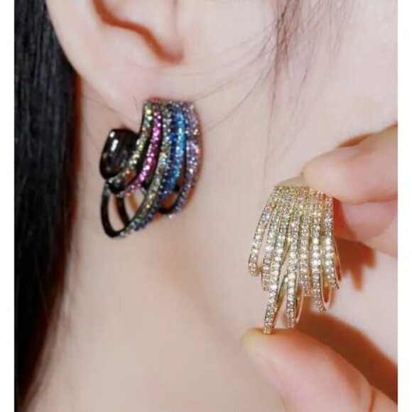 18k Gold Plated Multi-Color Simulated Diamond Zircon Half-Circle Drop Earring - Picture 4 of 6